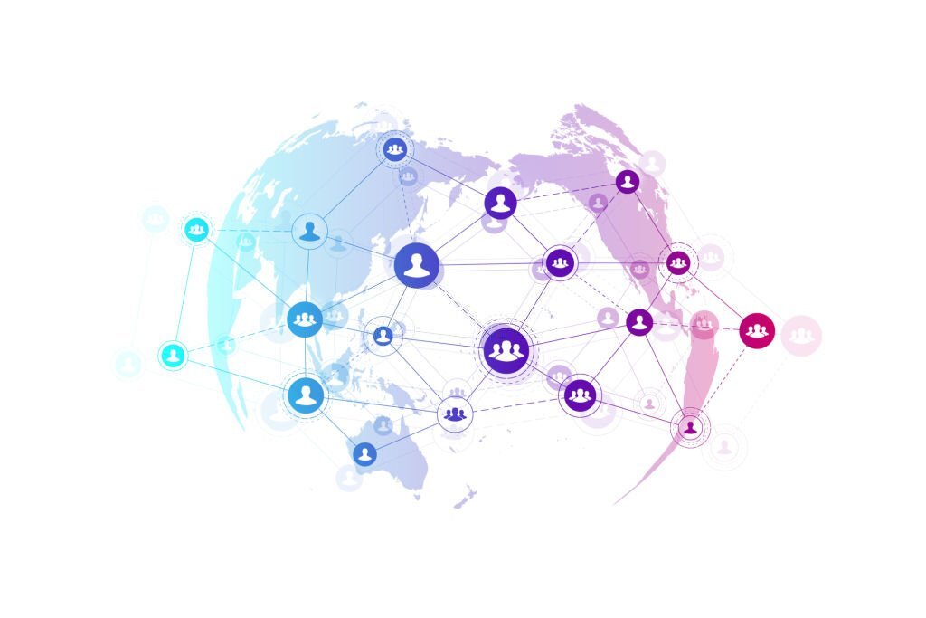 Abstract people connection technology concept with dotted world globe. Global business concept and internet technology background. Modern company processes. Analytical networks. Vector illustration